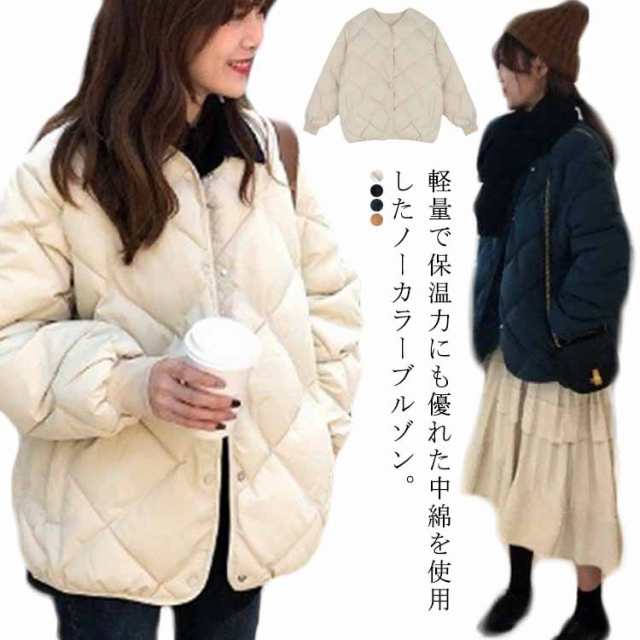 キルティング ジャケット ジャンパー 中綿 レディース ノーカラー アウター ブルゾン 長袖 厚手 秋 冬 綿入り ゆったり あったか 無地 保温 防寒 モード 通勤 通学 紺 ネイビー 黒 ブラック