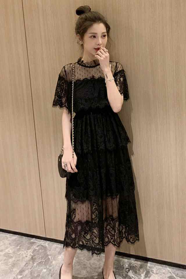 ドレス レディース カジュアル ワンピース ロング丈 レース 半袖 ハイネック 大きめ サイズ 大人気 上品 おしゃれ パーティー イベント 結婚式 2次会 デート お出かけ 大人 可愛い きれいめ 