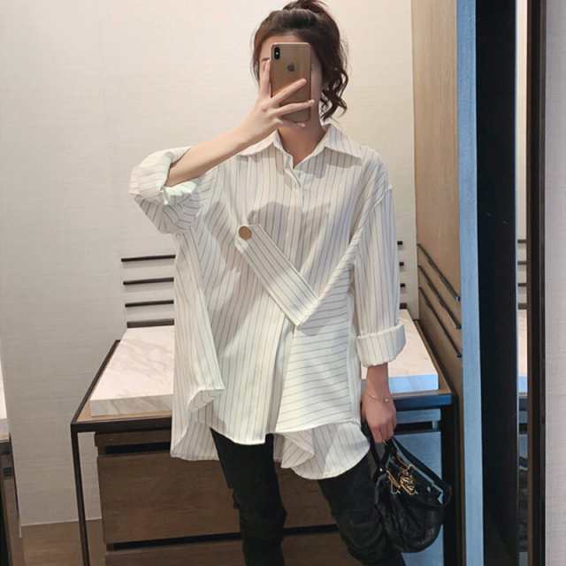 レディース ストライプ シャツ トップス 人気 通販 大きい サイズ 3XL 4XL 袖あり 長袖 襟付き 前開き 大人 可愛い きれいめ シンプル カジュアル おしゃれ 個性的 ストライプ 春 夏 