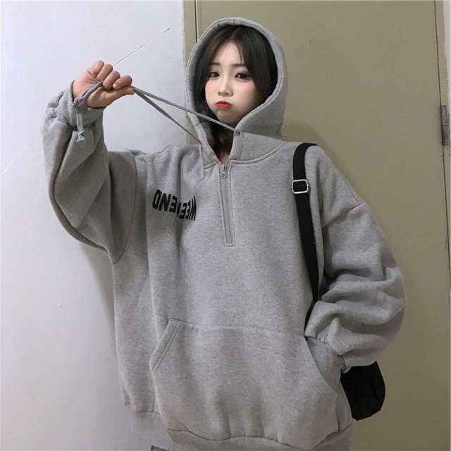 ハーフ ジップ パーカー 韓国 オルチャン ストリート 原宿系 アメカジ ロゴ 長袖 裏起毛 ライン K-POP ゆったり トレーナー スウェット トップス